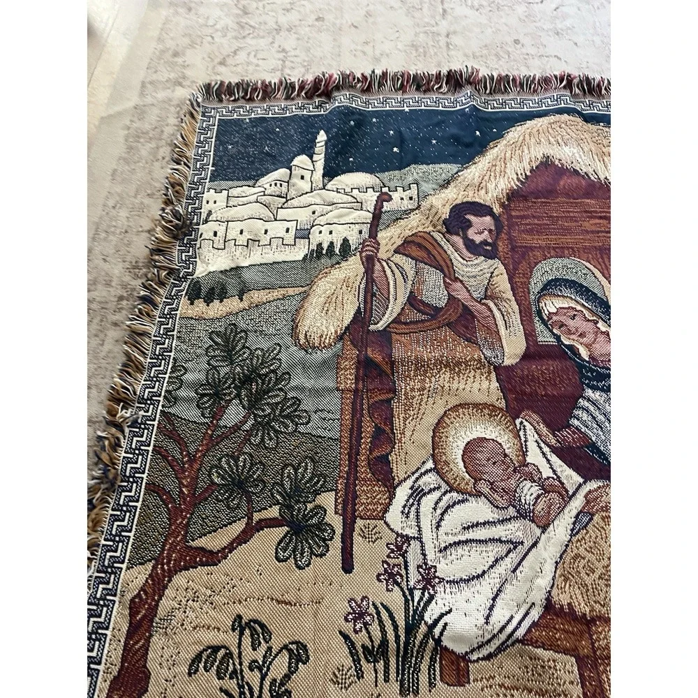 Vintage Nativity Holy Family Christmas Tapestry Blanket Throw Mary Jesus 49